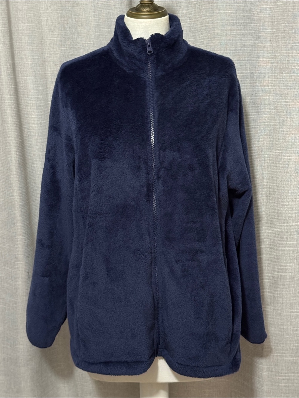 Wmns LANDS END Plush FullZip-Sz XL Petite-Navy-Pockets-EUC